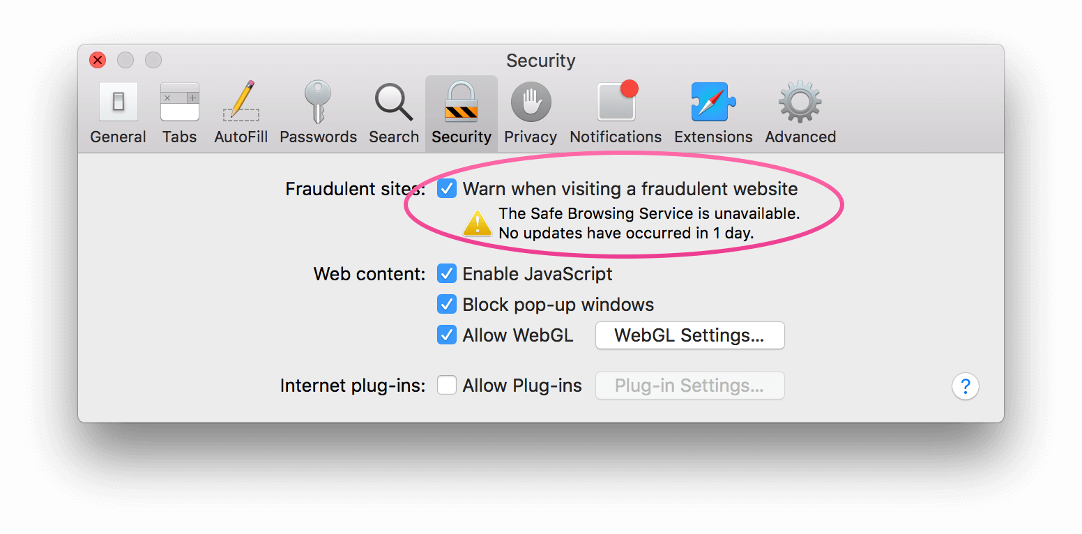 Safari preferences pane showing a problem with the 'Safe Browsing Service'